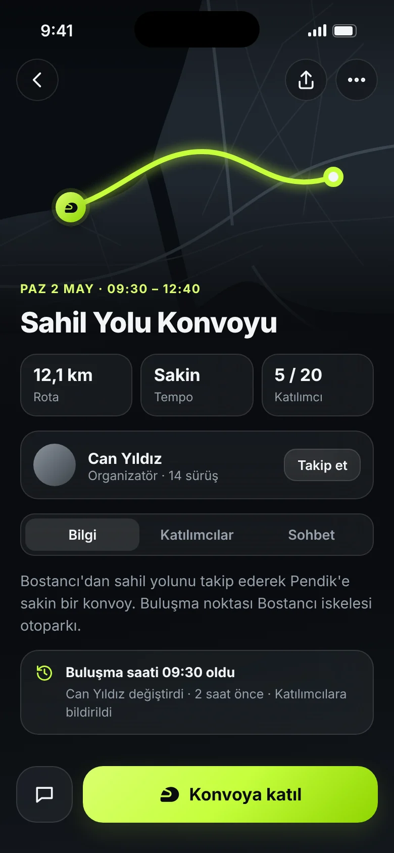 Etkinlik ekranı: Sahil Yolu Konvoyu'nun rotası, katılımcı sayısı, son değişiklik kaydı ve Konvoya katıl düğmesi
