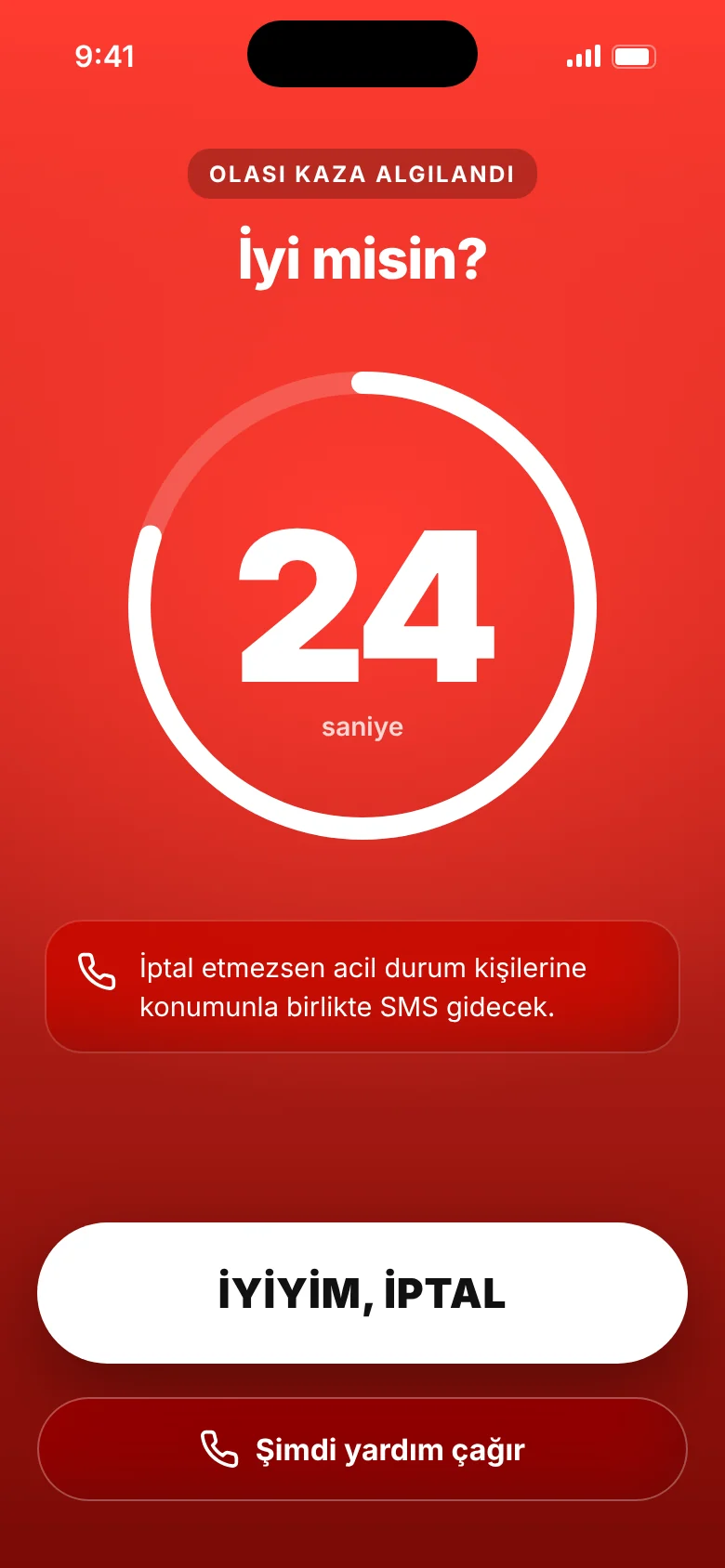 Kaza geri sayımı ekranı: Olası kaza algılandı, İyi misin? 24 saniye kaldı. İyiyim, iptal düğmesi
