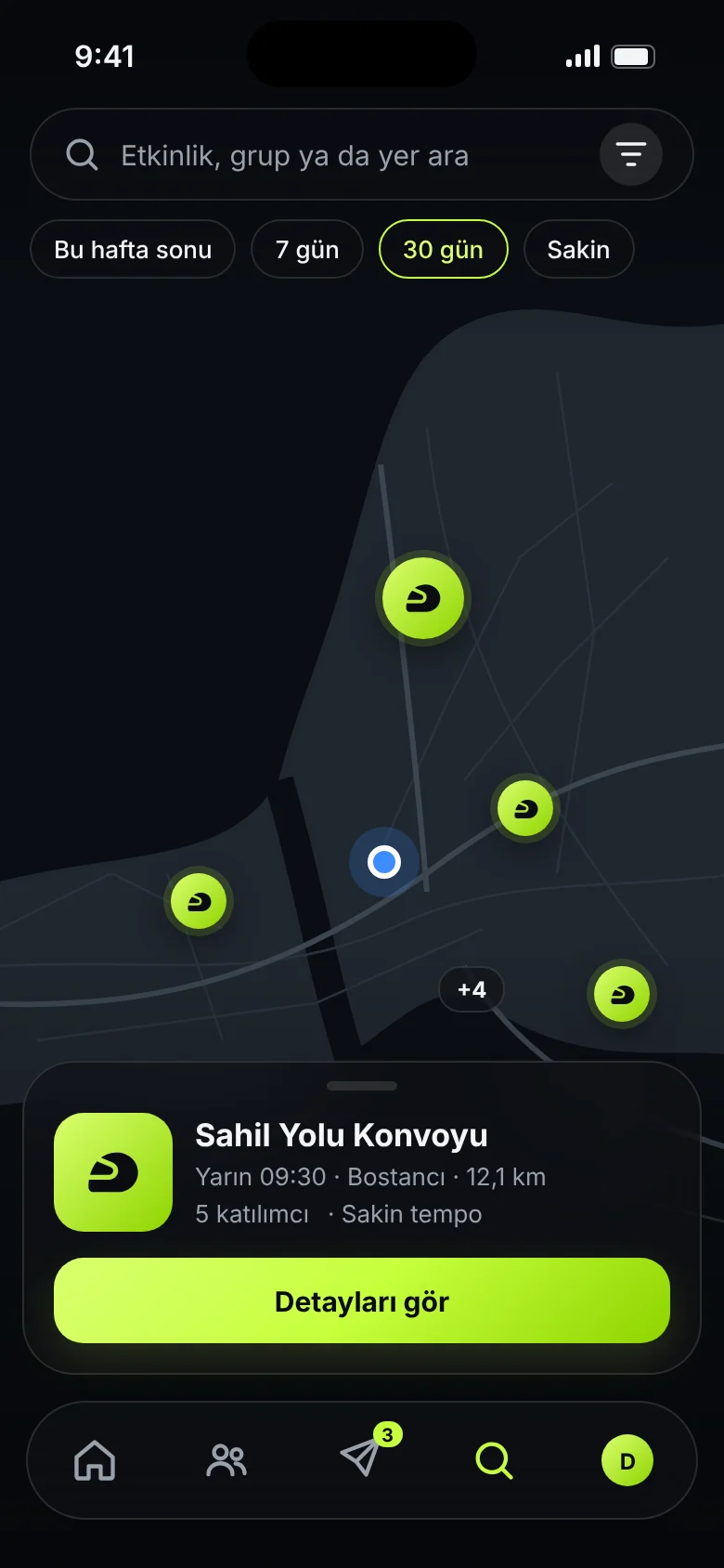 Keşfet ekranı: haritada yakındaki sürüşler ve seçili Sahil Yolu Konvoyu kartı